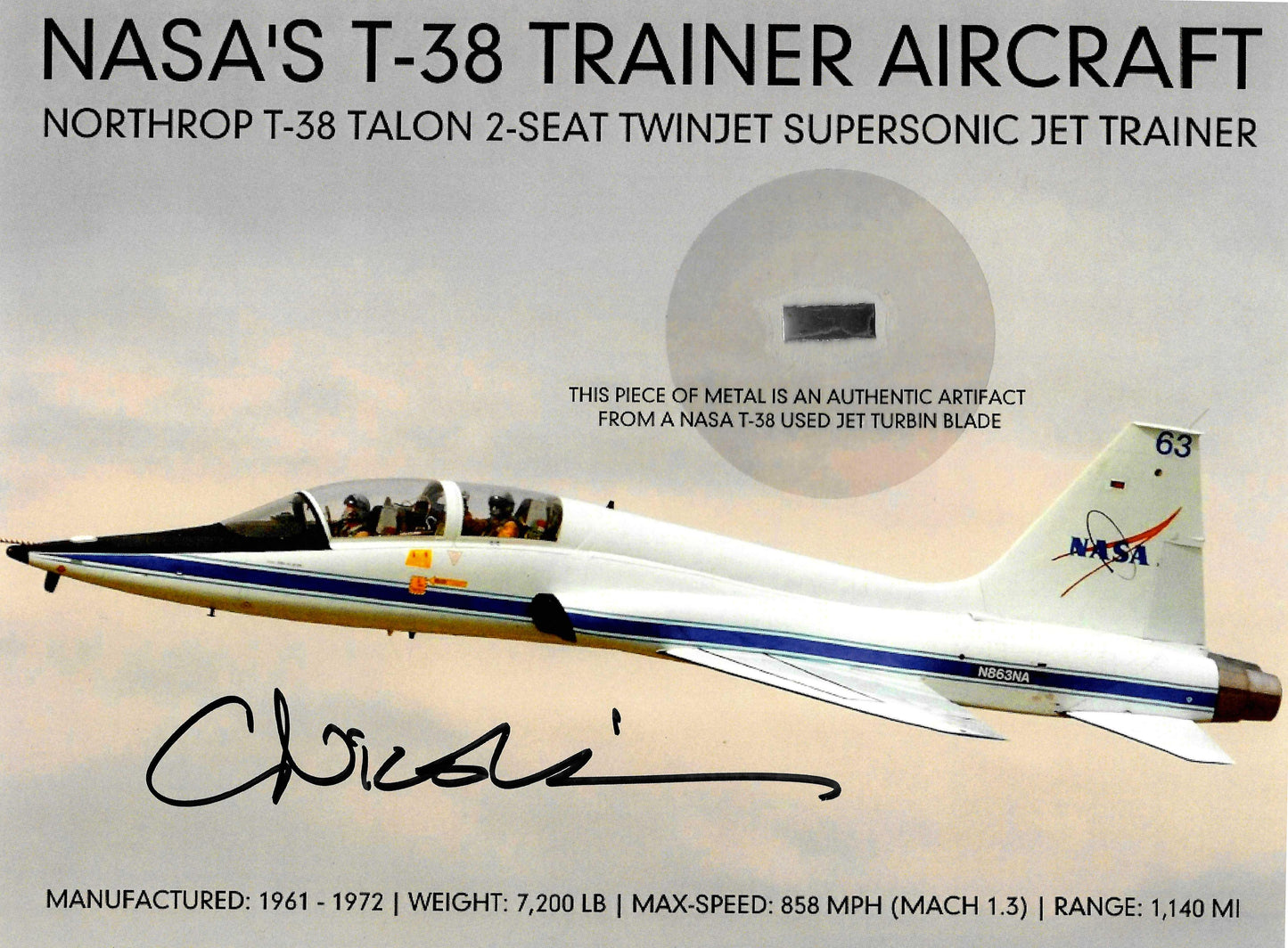 NASA T-38 Talon Trainer Aircraft flown artifact presentation - hand-signed by Claude Nicollier