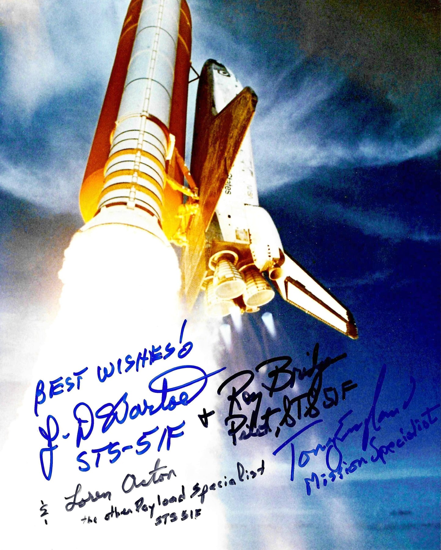 Space Shuttle mission STS-51-F launch 8x10'' photo #2 - handsigned by Acton, England, Bridges & Bartoe