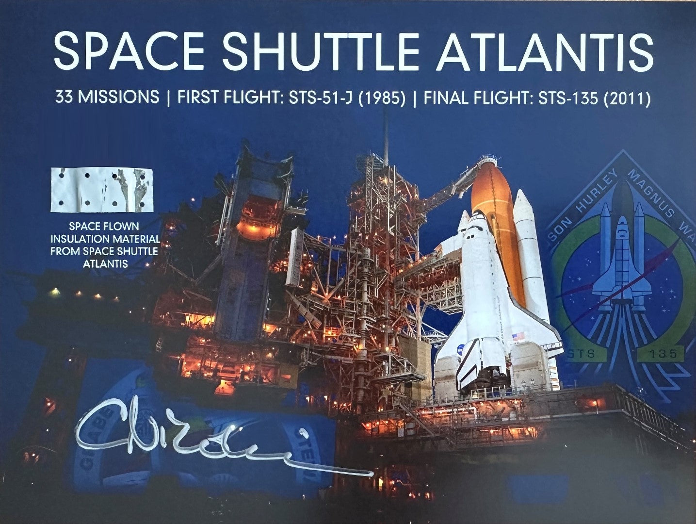 Space Shuttle Atlantis flown artifact presentation - hand-signed by Claude Nicollier
