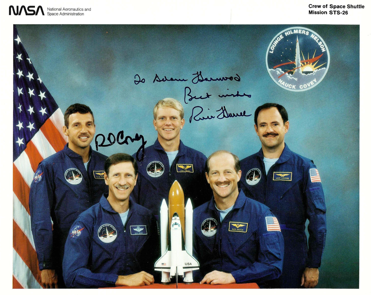 Space Shuttle mission STS-26 crew 8x10'' photo - handsigned by Covey & Hauck