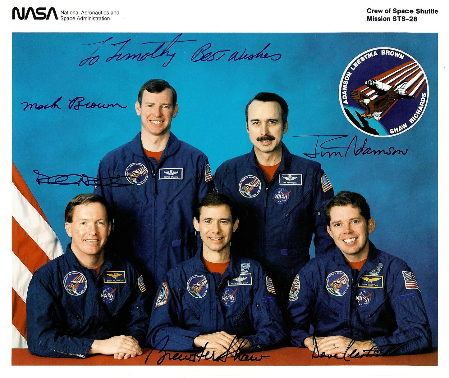Space Shuttle mission STS-28 crew handsigned NASA litho