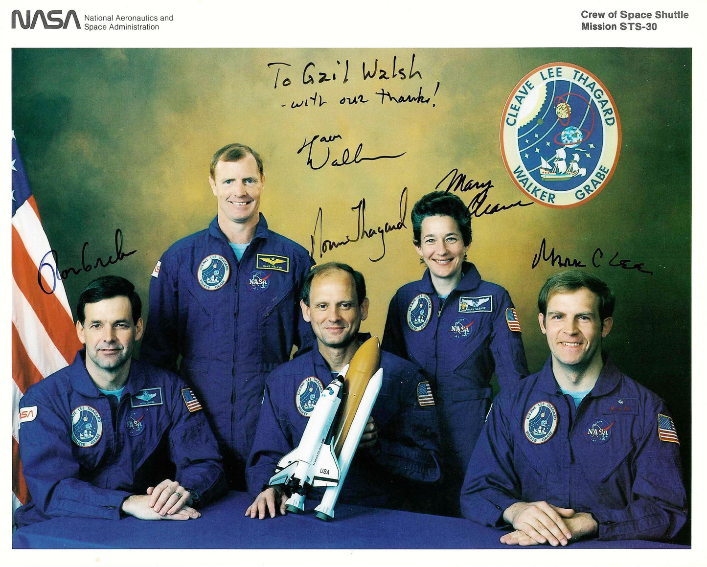 Space Shuttle mission STS-30 crew 8x10'' NASA litho - handsigned by complete crew