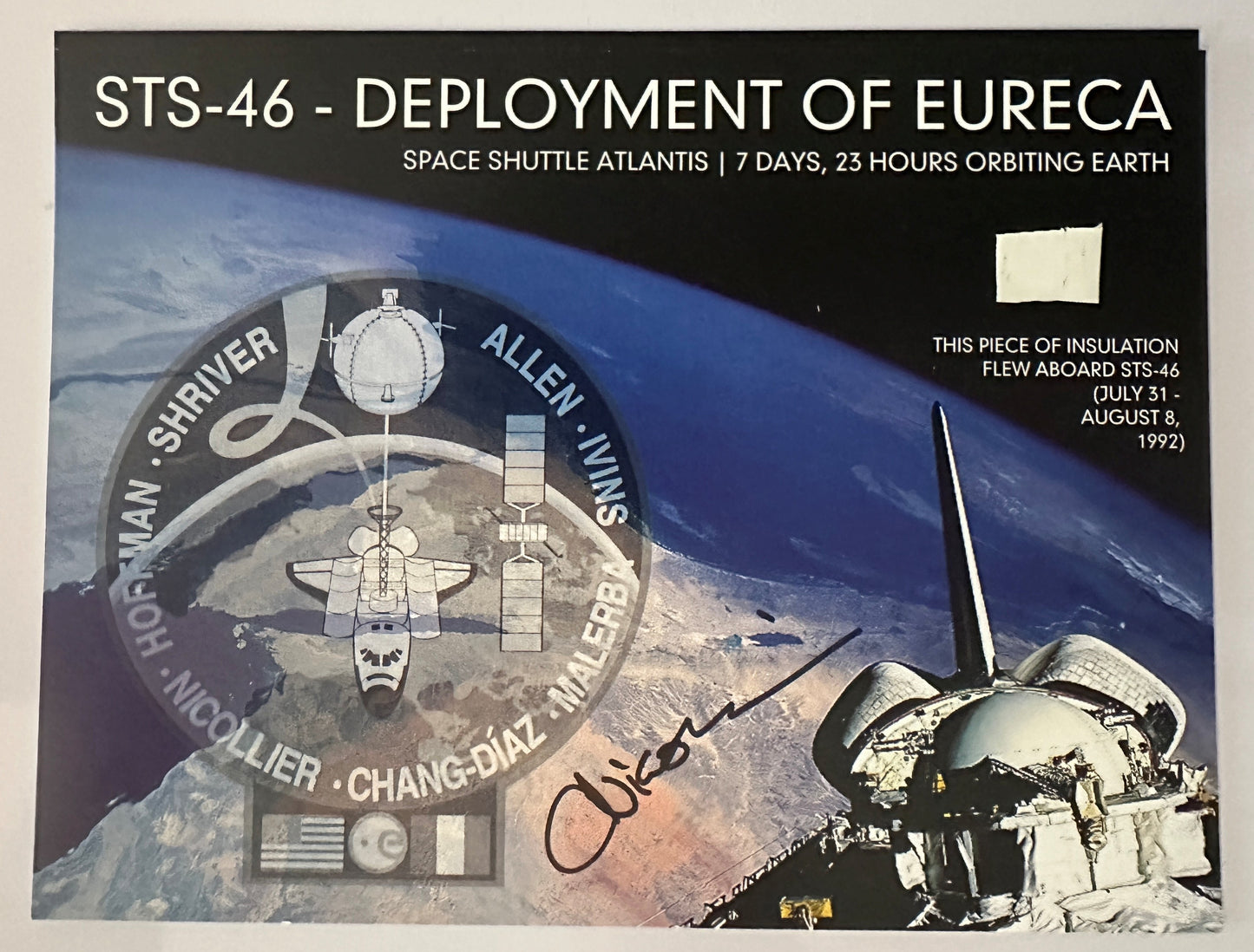 STS-46 flown artifact presentation - hand-signed by Claude Nicollier