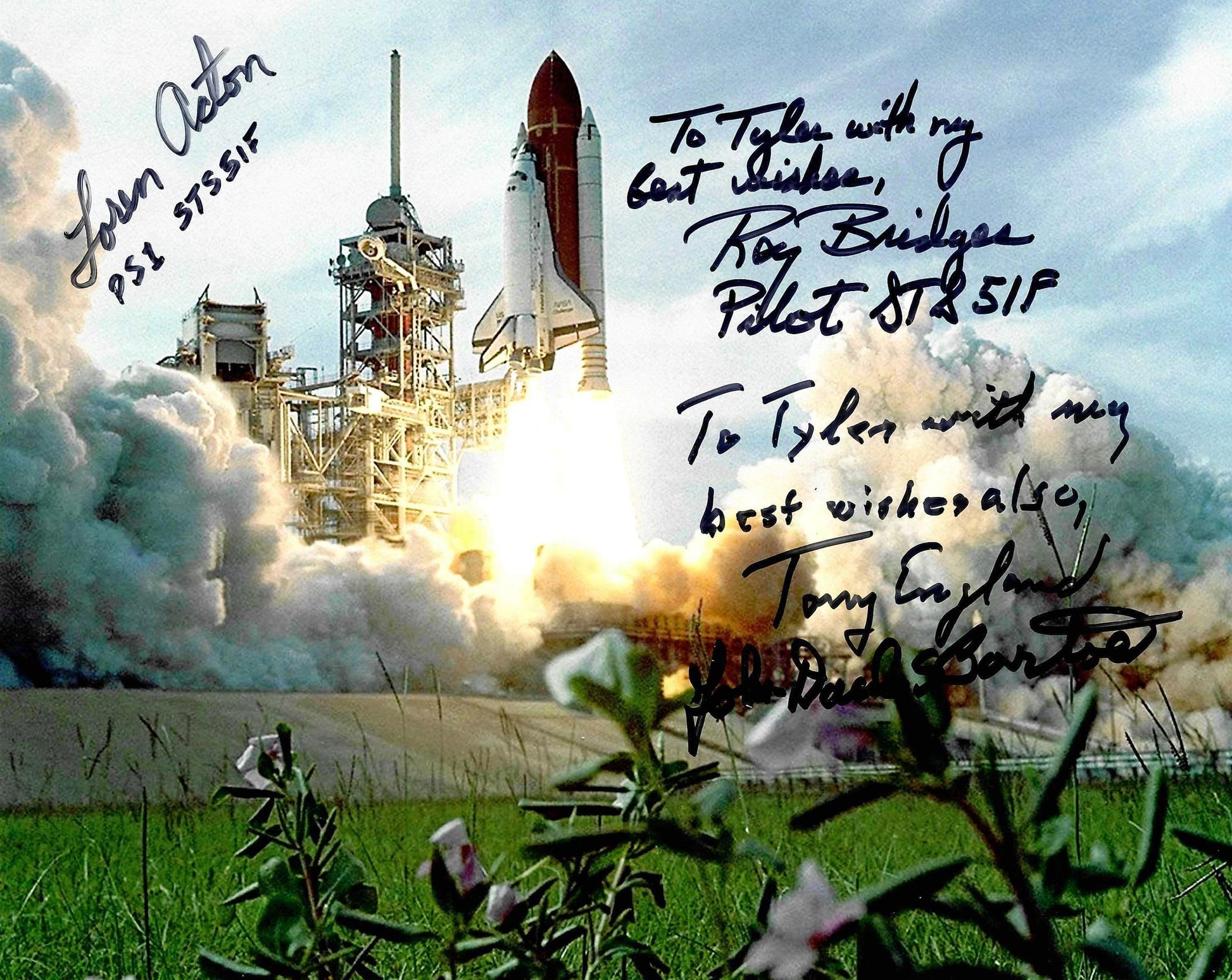 Space Shuttle mission STS-51-F launch 8x10'' photo #1 - handsigned by Acton, England, Bridges & Bartoe