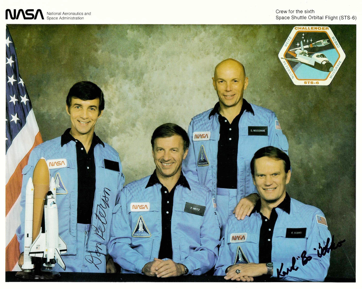 Space Shuttle mission STS-6 crew 8x10'' NASA litho - handsigned by Bobko & Peterson