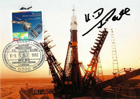 Soyuz TM-14 / Mir '92 Launch Postcard 4x6" - hand-signed Klaus-Dietrich Flade
