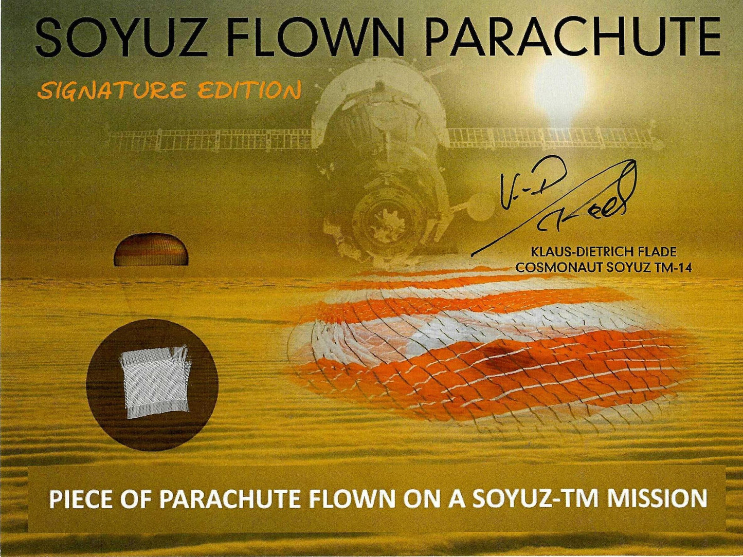 Soyuz TM flown artifact presentation - hand-signed by Klaus-Dietrich Flade