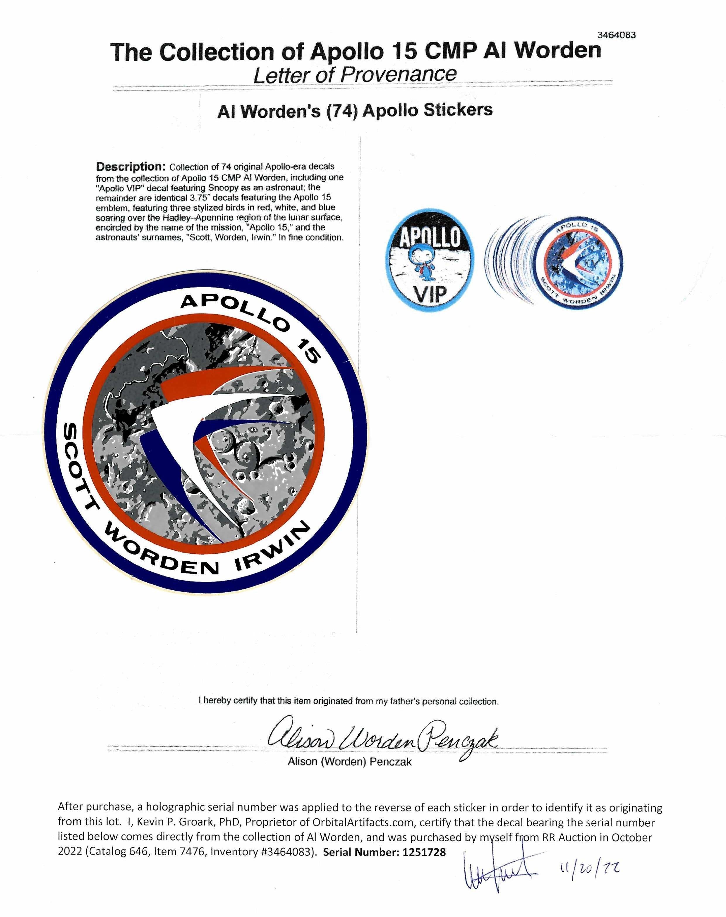 Apollo 15 decal - ex Al Worden personal collection – Astro Artifacts ...