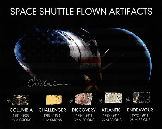 Space Shuttle all 5 Orbiter flown artifacts presentation - hand-signed and marked by Claude Nicollier