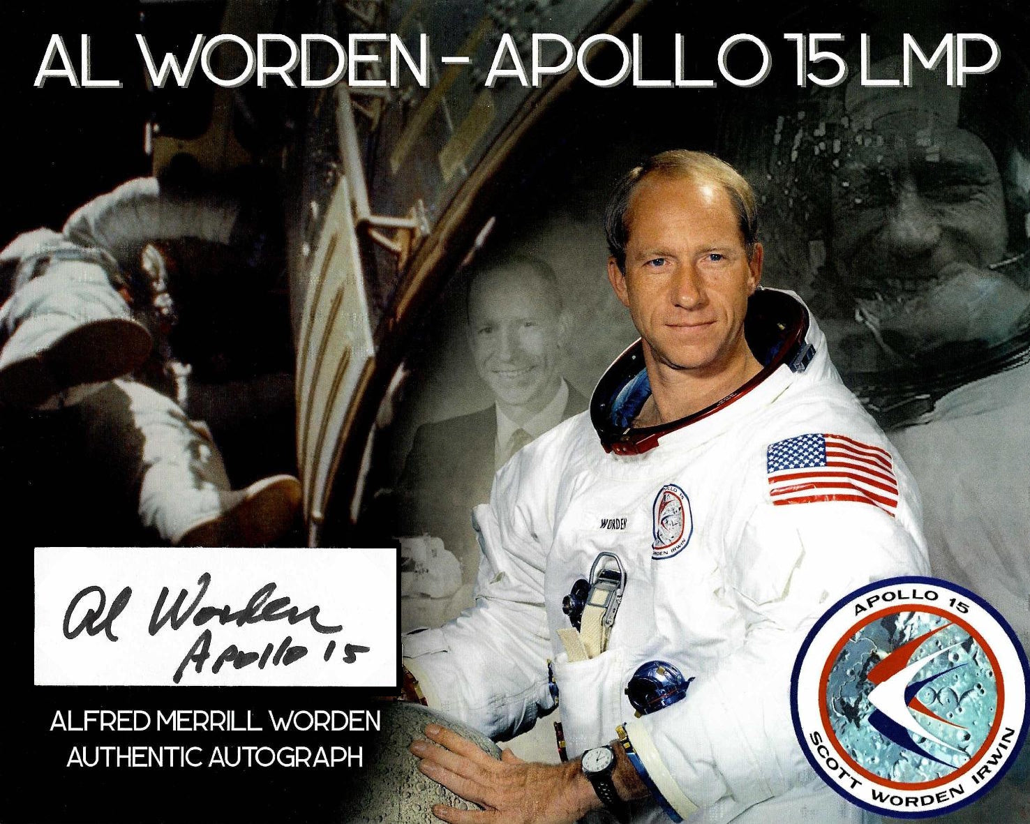 Astronaut Al Worden (Apollo 15 LMP) handsigned cut signature on presentation