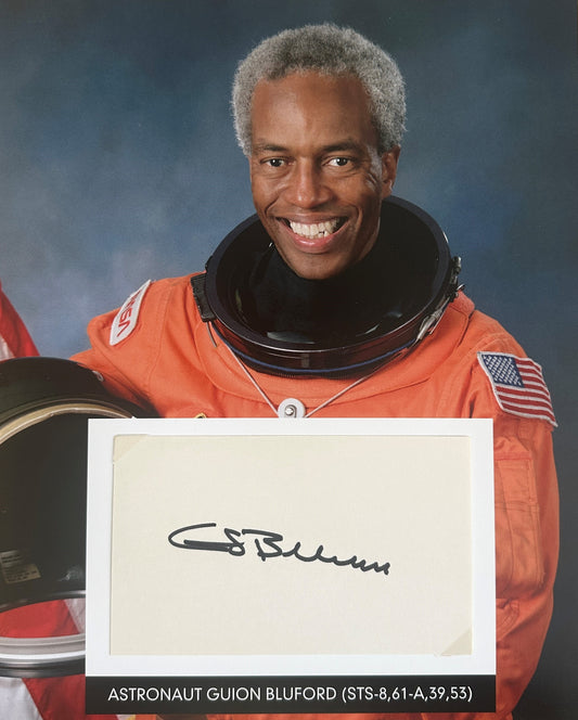 Astronaut Guion Bluford hand-signed 5x3'' index card on 8x10'' presentation